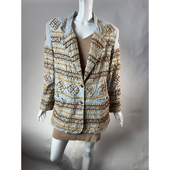 Sandy Starkman Chambray Embroidered Wood Beaded Cotton Jacket Vintage Size Large - Picture 9 of 16